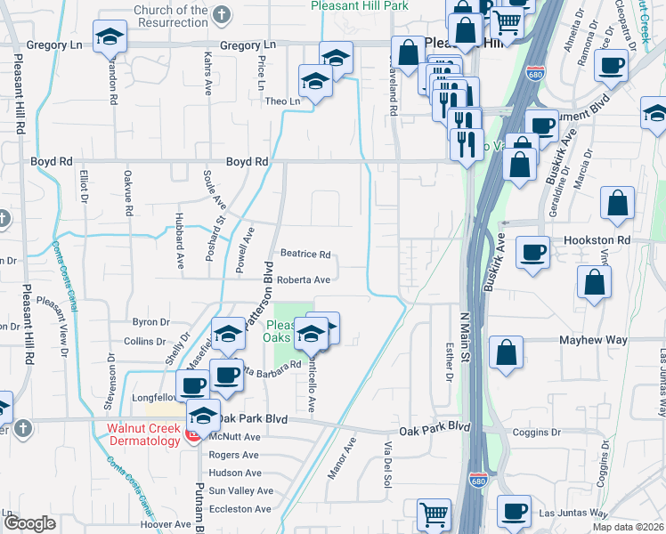 map of restaurants, bars, coffee shops, grocery stores, and more near 421 Beatrice Road in Pleasant Hill