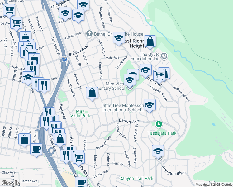 map of restaurants, bars, coffee shops, grocery stores, and more near 1835 Ralston Avenue in Richmond