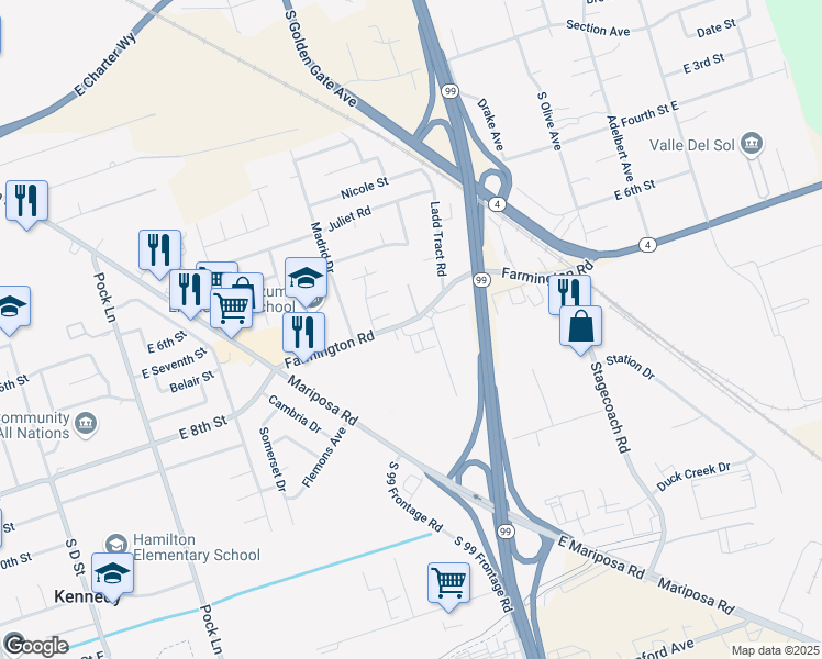 map of restaurants, bars, coffee shops, grocery stores, and more near 3240 Farmington Road in Stockton