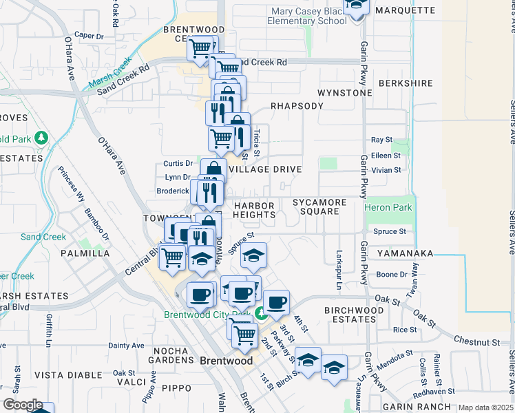 map of restaurants, bars, coffee shops, grocery stores, and more near 128 Kingfisher Street in Brentwood