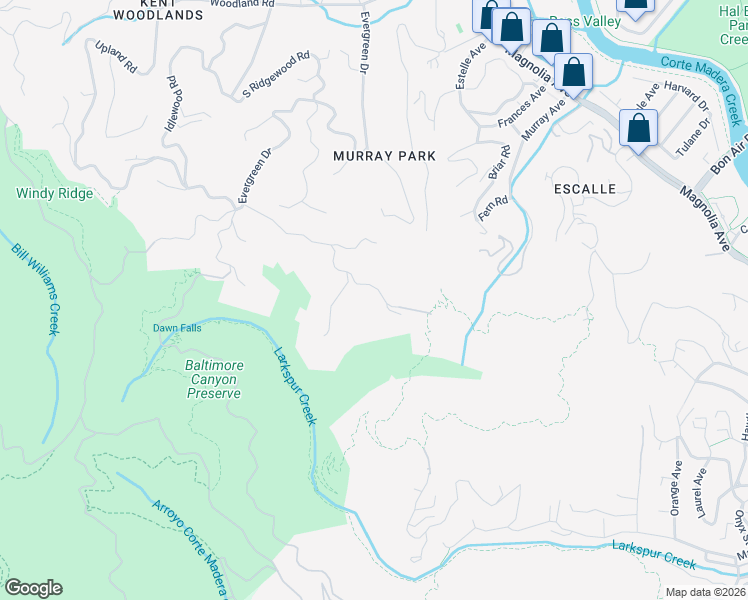 map of restaurants, bars, coffee shops, grocery stores, and more near 70 Ridgecrest Road in Kentfield