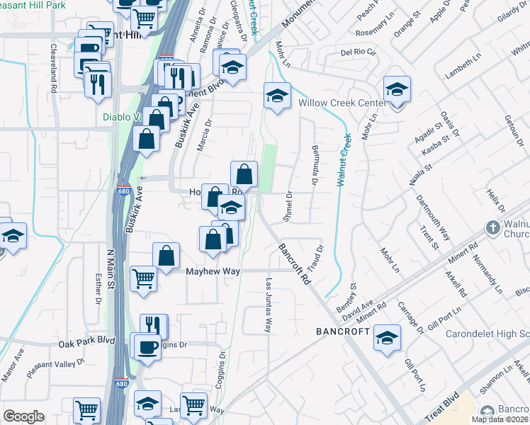map of restaurants, bars, coffee shops, grocery stores, and more near 1000 Bancroft Road in Concord