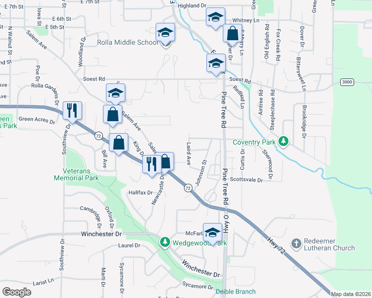 map of restaurants, bars, coffee shops, grocery stores, and more near 12 Laird Avenue in Rolla