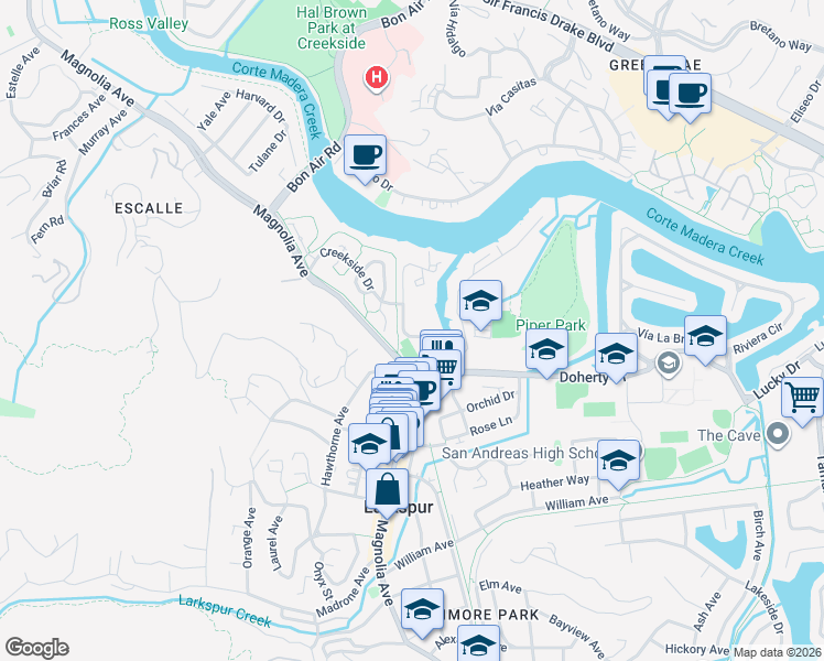 map of restaurants, bars, coffee shops, grocery stores, and more near in Larkspur