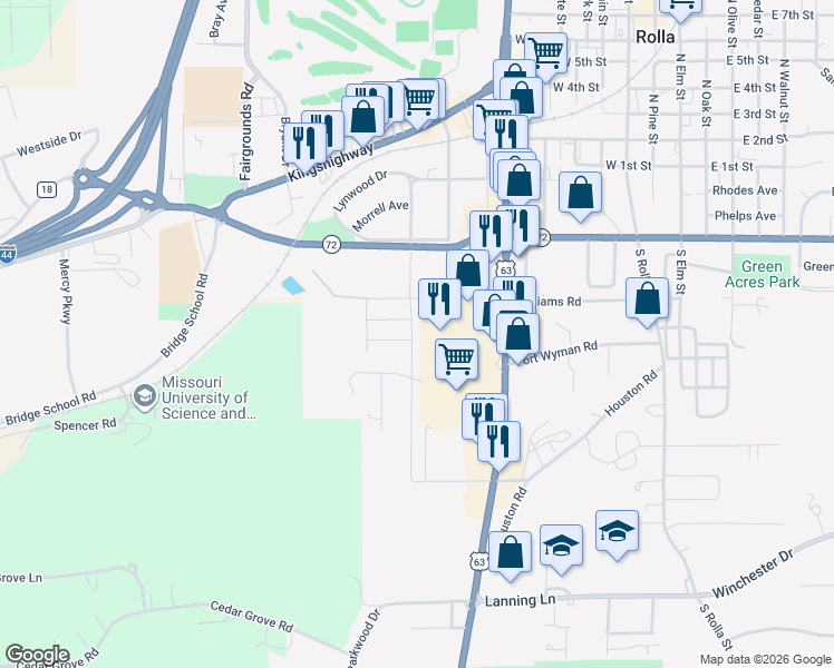 map of restaurants, bars, coffee shops, grocery stores, and more near 406 South Adrian Avenue in Rolla