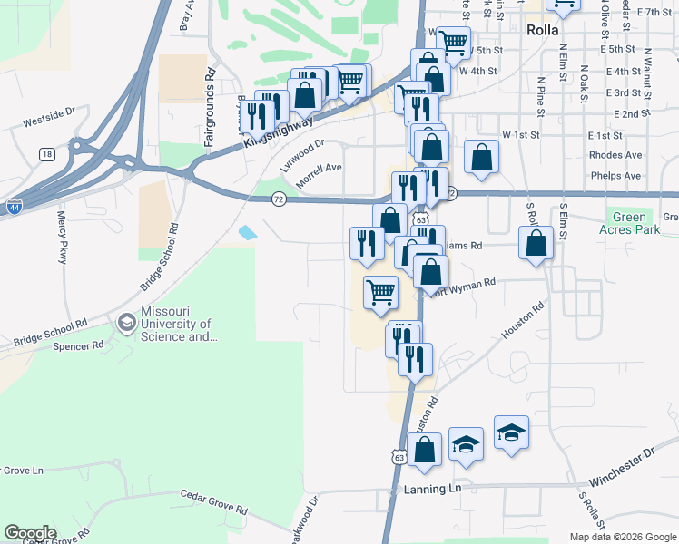 map of restaurants, bars, coffee shops, grocery stores, and more near 406 South Adrian Avenue in Rolla