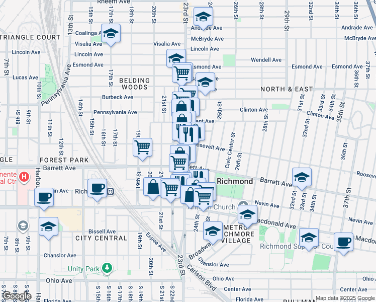 map of restaurants, bars, coffee shops, grocery stores, and more near 550 23rd Street in Richmond