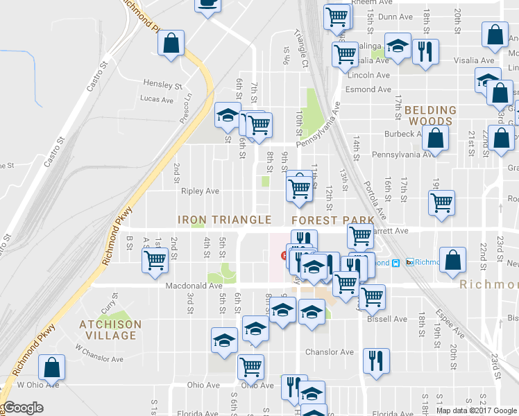 map of restaurants, bars, coffee shops, grocery stores, and more near 716 Maple Avenue in Richmond