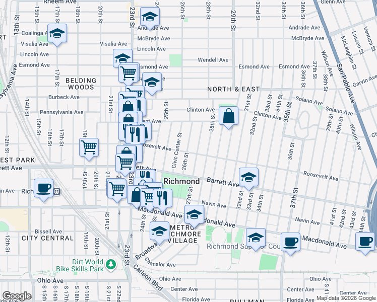 map of restaurants, bars, coffee shops, grocery stores, and more near 600 26th Street in Richmond
