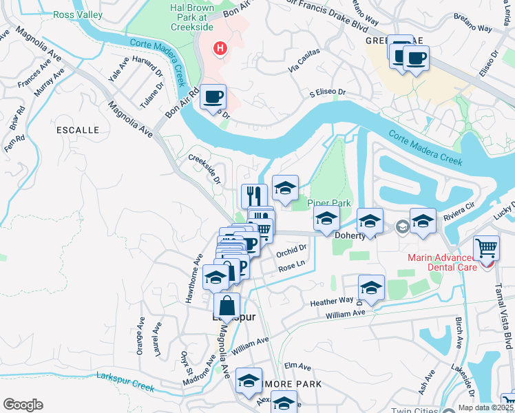 map of restaurants, bars, coffee shops, grocery stores, and more near 120 Larkspur Plaza Drive in Larkspur