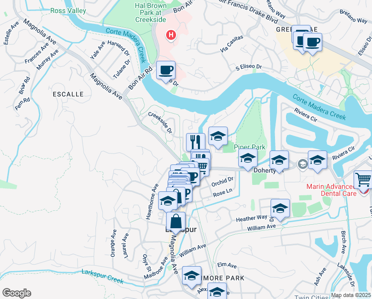 map of restaurants, bars, coffee shops, grocery stores, and more near in Larkspur