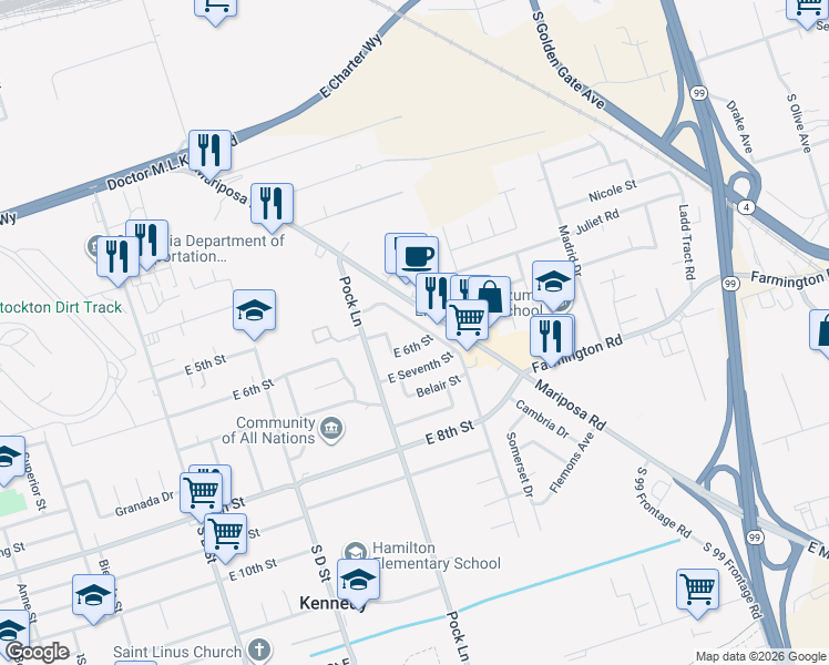 map of restaurants, bars, coffee shops, grocery stores, and more near 1955 Nightingale Avenue in Stockton