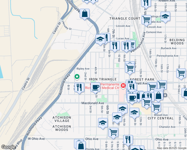 map of restaurants, bars, coffee shops, grocery stores, and more near 555 4th Street in Richmond