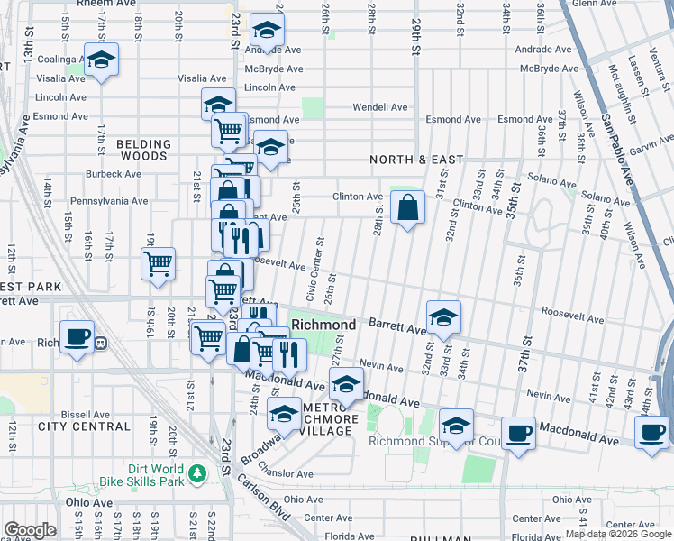 map of restaurants, bars, coffee shops, grocery stores, and more near 600 26th Street in Richmond