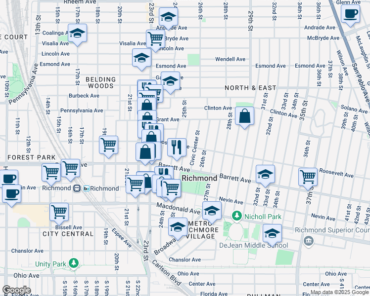 map of restaurants, bars, coffee shops, grocery stores, and more near 578 25th St in Richmond