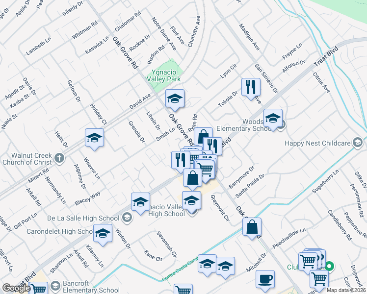 map of restaurants, bars, coffee shops, grocery stores, and more near 825 Oak Grove Road in Concord