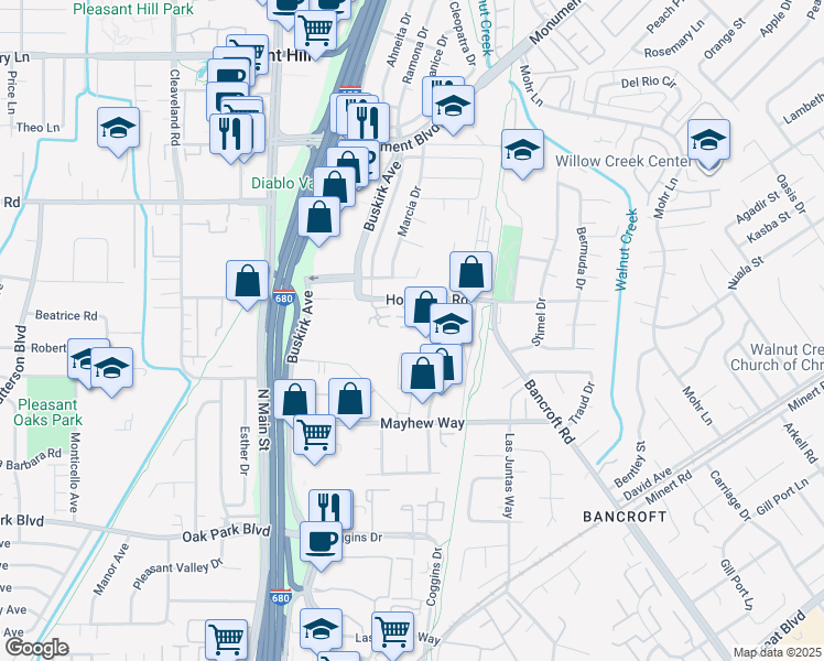 map of restaurants, bars, coffee shops, grocery stores, and more near 59 Village Square Place in Pleasant Hill