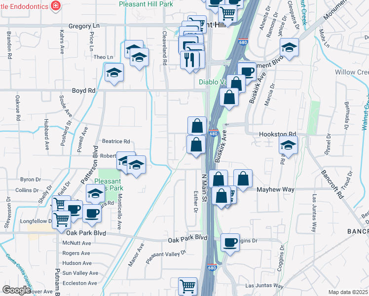 map of restaurants, bars, coffee shops, grocery stores, and more near 54 Picasso Court in Pleasant Hill