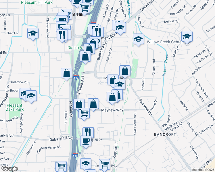 map of restaurants, bars, coffee shops, grocery stores, and more near 54 Village Square Place in Pleasant Hill