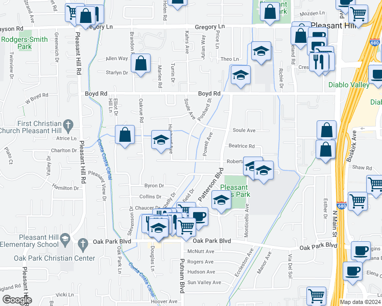 map of restaurants, bars, coffee shops, grocery stores, and more near 218 Poshard Street in Pleasant Hill