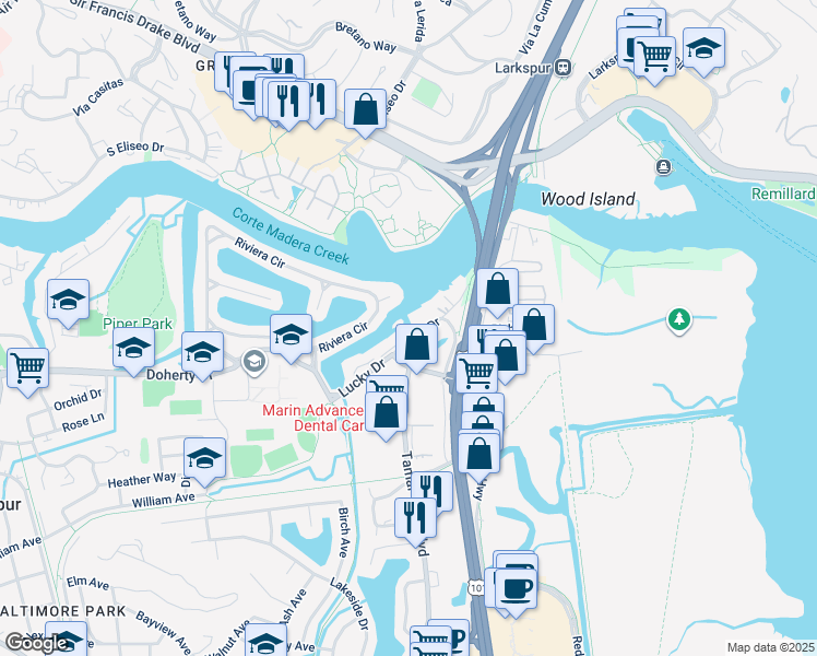 map of restaurants, bars, coffee shops, grocery stores, and more near 46 Lucky Drive in Kentfield