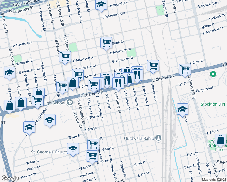 map of restaurants, bars, coffee shops, grocery stores, and more near 434 East Charter Way in Stockton