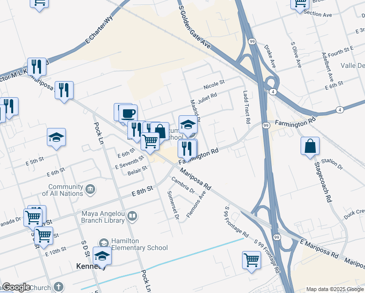 map of restaurants, bars, coffee shops, grocery stores, and more near 2059 Montezuma Street in Stockton