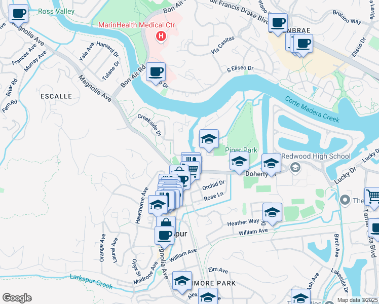 map of restaurants, bars, coffee shops, grocery stores, and more near 120 Larkspur Plaza Drive in Larkspur