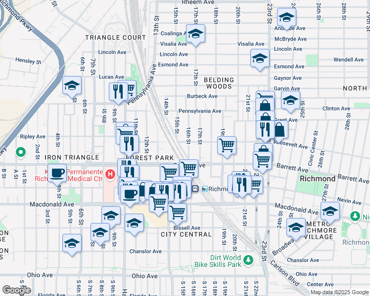 map of restaurants, bars, coffee shops, grocery stores, and more near 553 16th Street in Richmond