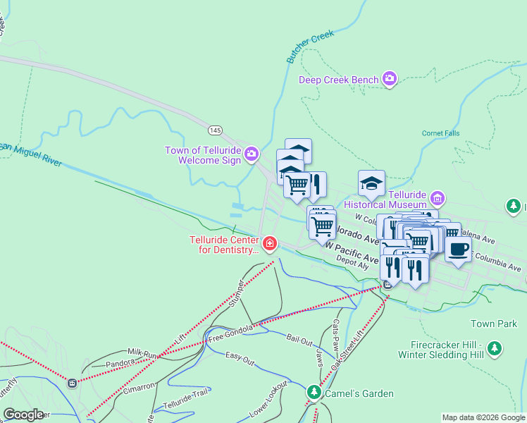 map of restaurants, bars, coffee shops, grocery stores, and more near 298 Mahoney Dr in Telluride