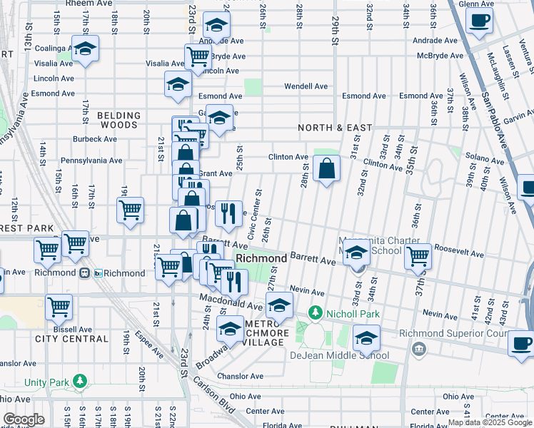 map of restaurants, bars, coffee shops, grocery stores, and more near 601 26th Street in Richmond