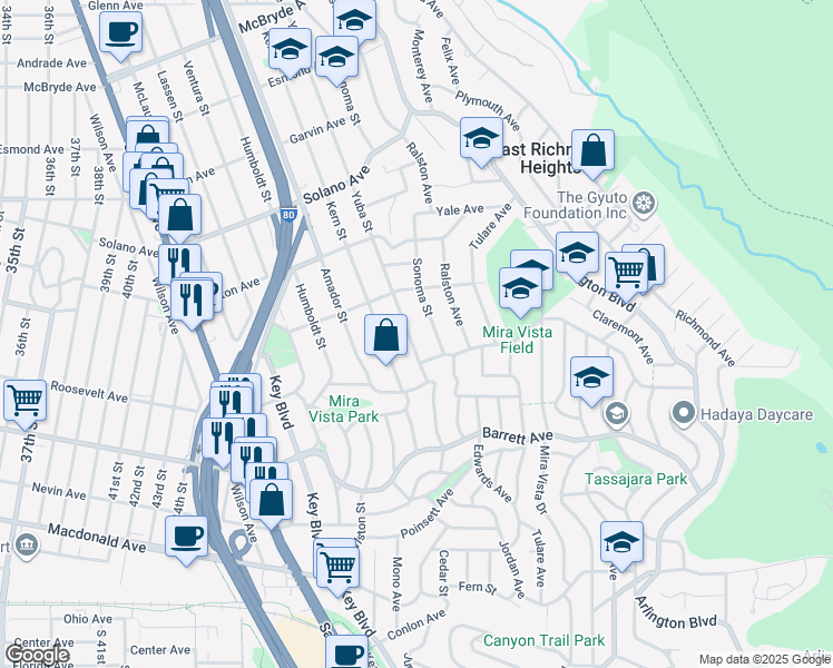 map of restaurants, bars, coffee shops, grocery stores, and more near 632 Yuba Street in Richmond