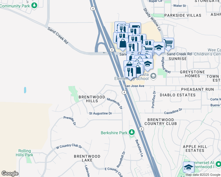 map of restaurants, bars, coffee shops, grocery stores, and more near 799 Altessa Drive in Brentwood
