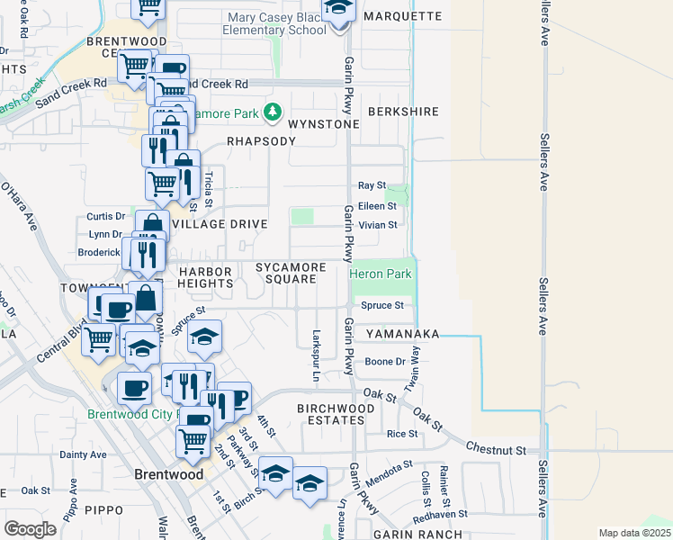 map of restaurants, bars, coffee shops, grocery stores, and more near 942 Snapdragon Court in Brentwood