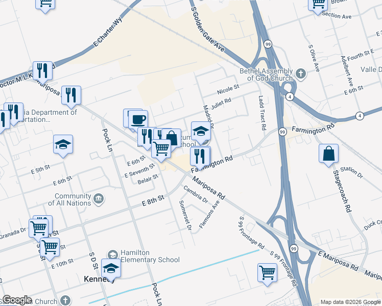 map of restaurants, bars, coffee shops, grocery stores, and more near 2059 Montezuma Street in Stockton