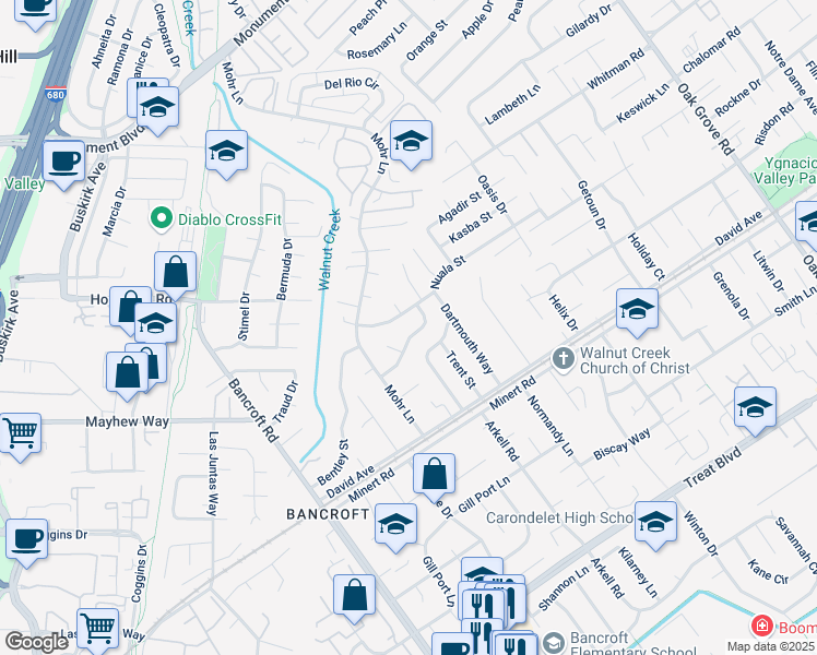 map of restaurants, bars, coffee shops, grocery stores, and more near 1640 Amhurst Way in Concord