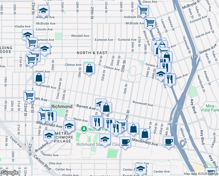 map of restaurants, bars, coffee shops, grocery stores, and more near 623 33rd Street in Richmond