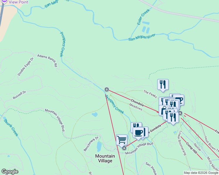 map of restaurants, bars, coffee shops, grocery stores, and more near 332398 Adams Ranch Road in Mountain Village