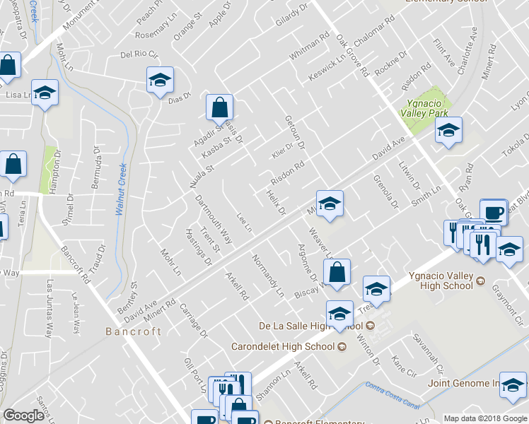 map of restaurants, bars, coffee shops, grocery stores, and more near 907 Estrella Court in Concord