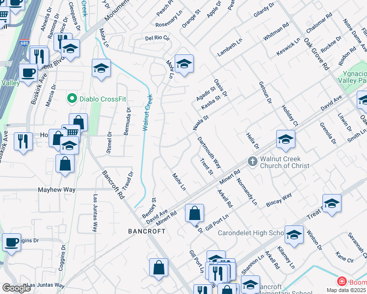 map of restaurants, bars, coffee shops, grocery stores, and more near 1640 Amhurst Way in Concord