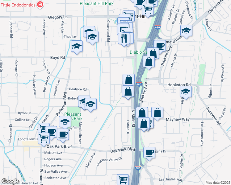 map of restaurants, bars, coffee shops, grocery stores, and more near 51 Matisse Court in Pleasant Hill