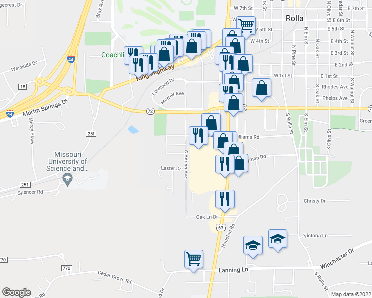 map of restaurants, bars, coffee shops, grocery stores, and more near South Adrian Avenue in Rolla