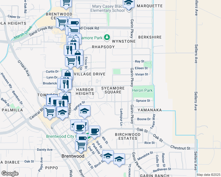 map of restaurants, bars, coffee shops, grocery stores, and more near 941 Oxford Lane in Brentwood
