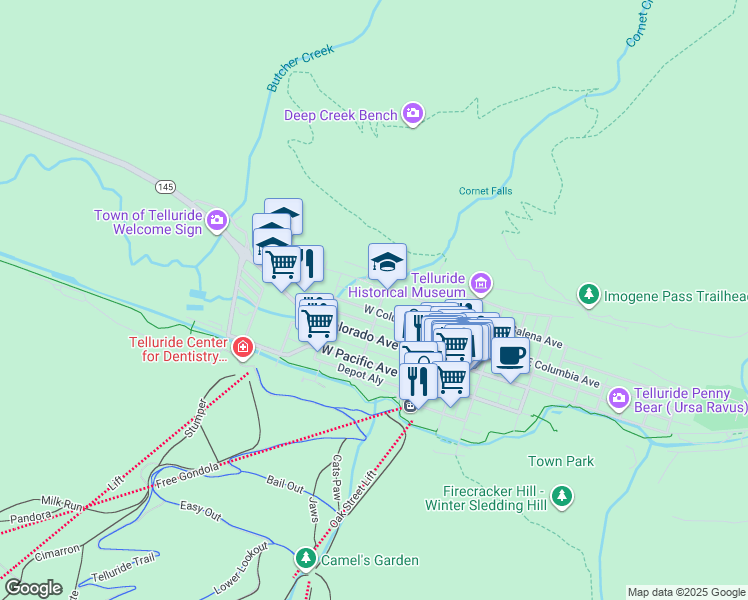 map of restaurants, bars, coffee shops, grocery stores, and more near 513 West Columbia Avenue in Telluride