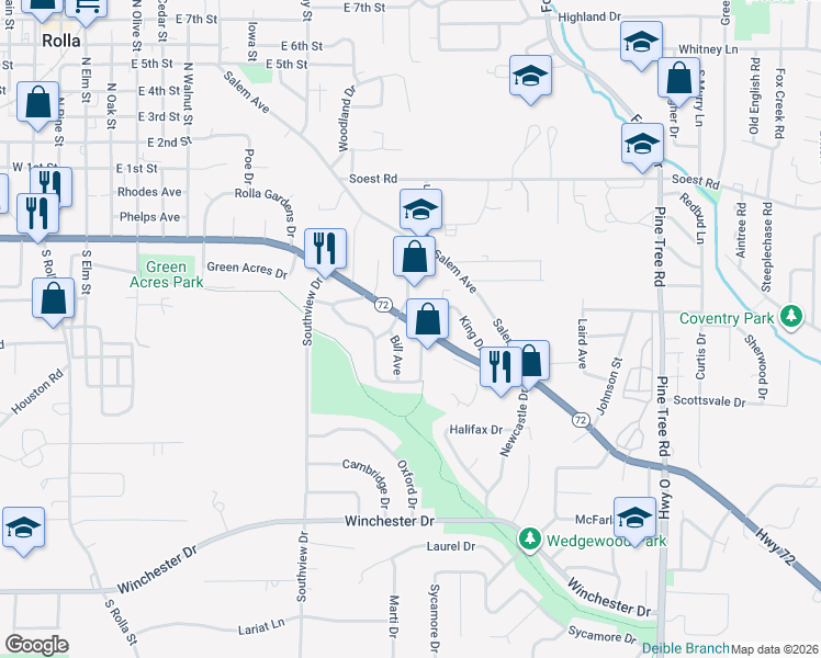 map of restaurants, bars, coffee shops, grocery stores, and more near 916 Highway 72 in Rolla