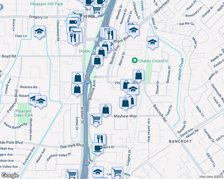 map of restaurants, bars, coffee shops, grocery stores, and more near 34 Oak Gate Place in Pleasant Hill