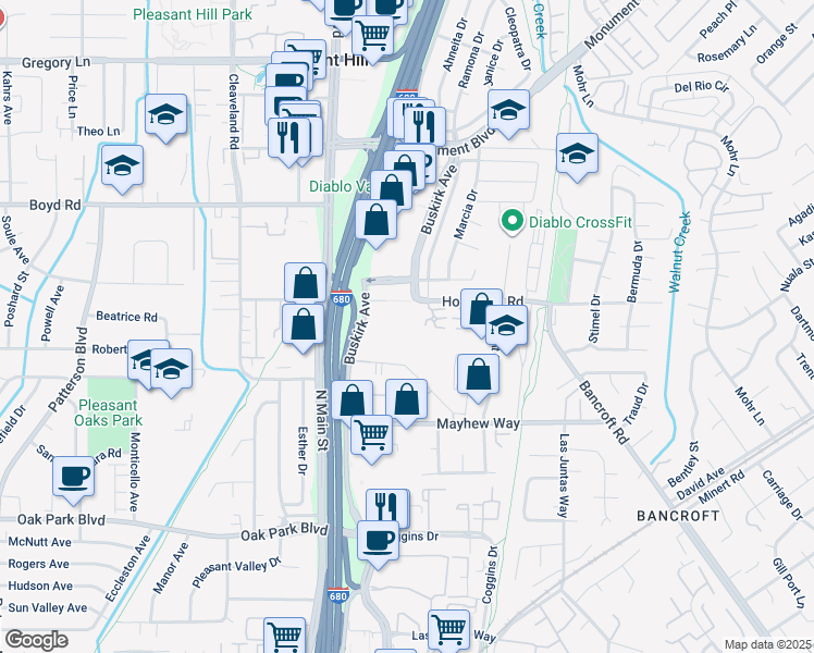 map of restaurants, bars, coffee shops, grocery stores, and more near 3480 Buskirk Avenue in Pleasant Hill