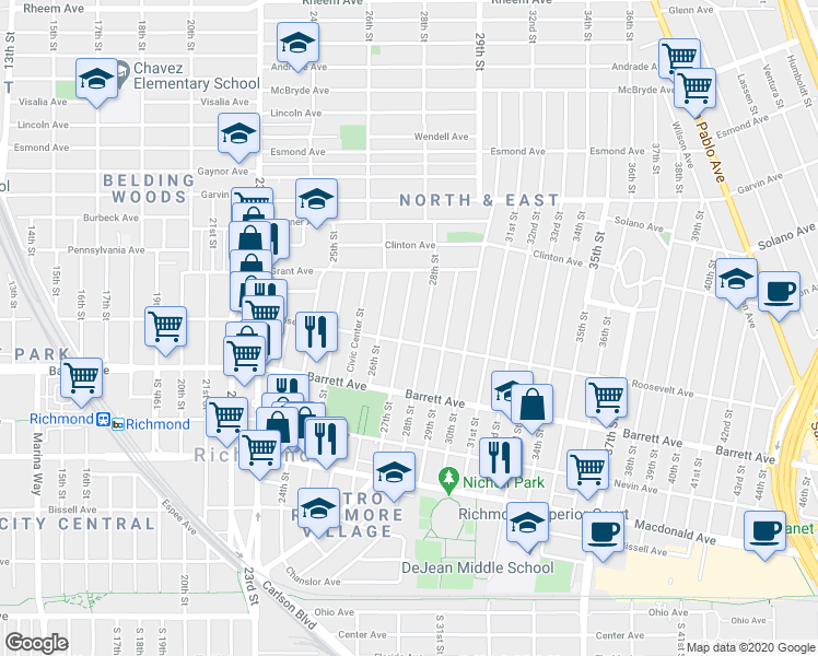 map of restaurants, bars, coffee shops, grocery stores, and more near 2717 Roosevelt Avenue in Richmond