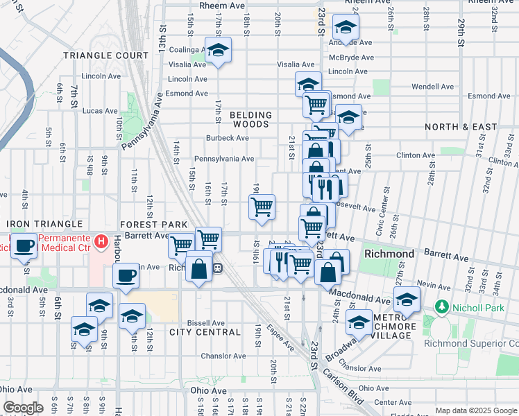 map of restaurants, bars, coffee shops, grocery stores, and more near 557 19th Street in Richmond