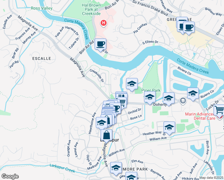 map of restaurants, bars, coffee shops, grocery stores, and more near in Larkspur